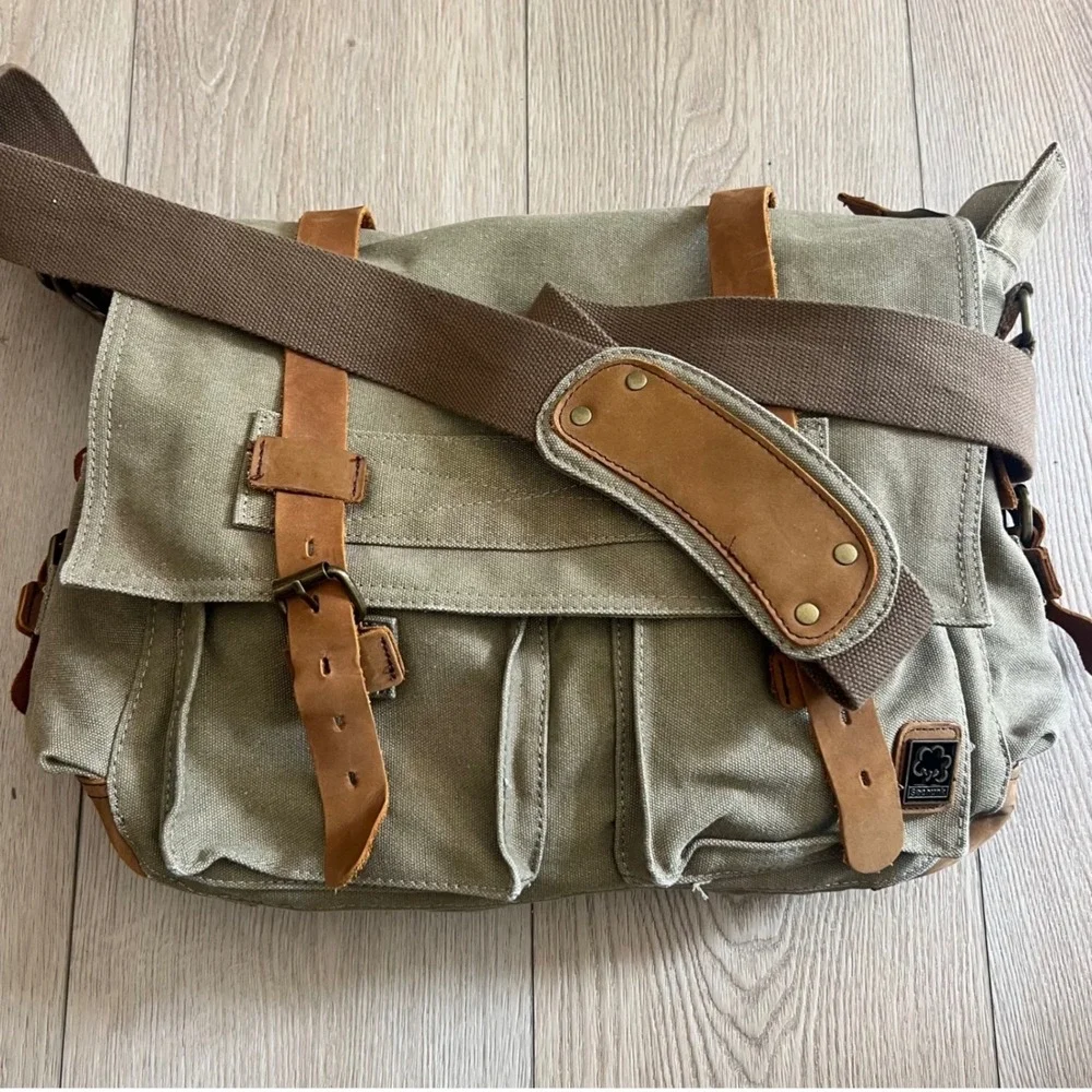 Sechunk Vintage Military Leather Canvas Laptop Bag Messenger BagKhaki Green